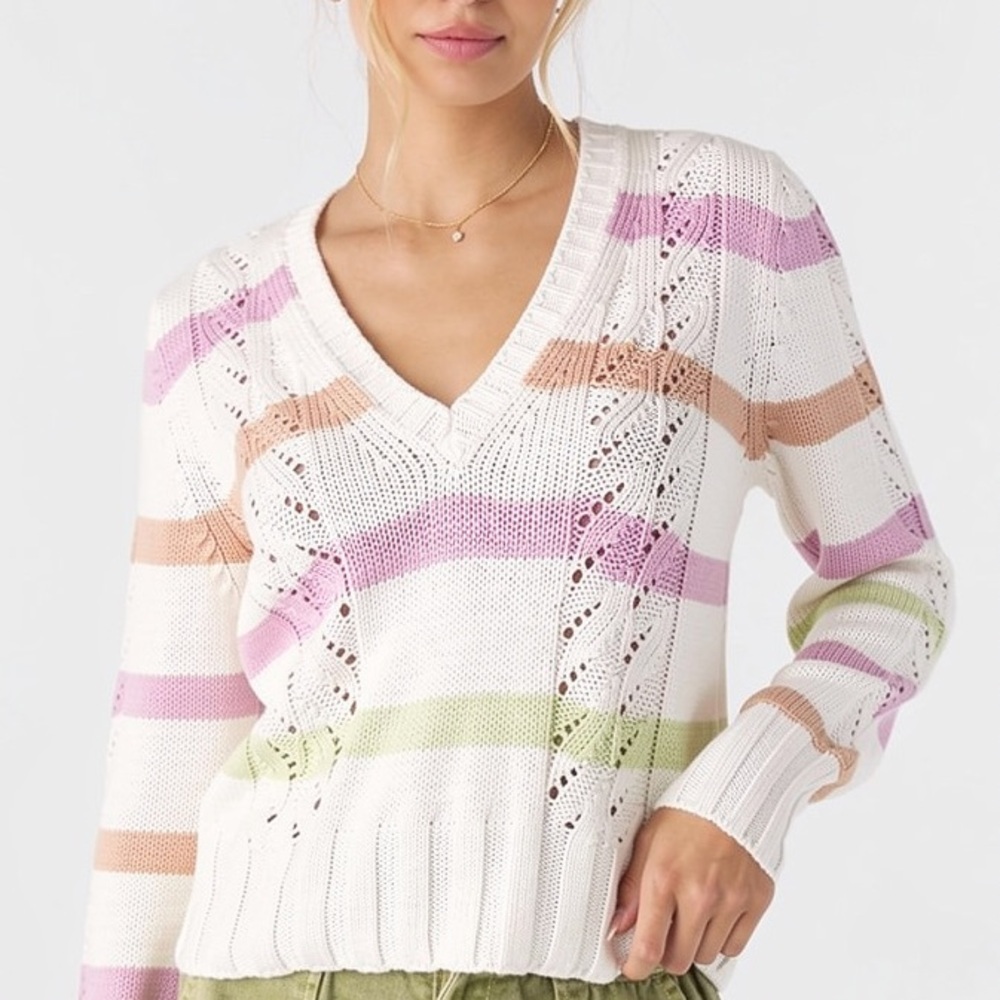 Chanel 2004 Cruise Pastel Striped Cashmere Blend V-Neck Knit Sweater